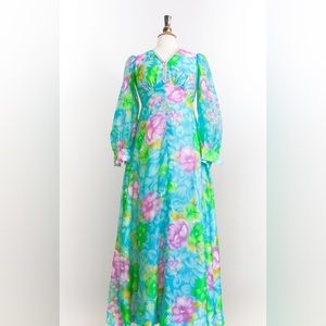 Vintage 1960’s/1970s Aqua Floral Maxi Dress • S